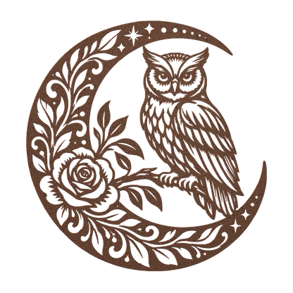 Owl crescent moon metal wall art in copper — celestial rose botanical steel wall decor