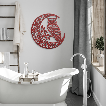 Red owl crescent moon metal wall art in a modern room — steel wall decor