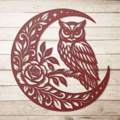 Red owl crescent moon metal wall art on a wood background — steel wall decor