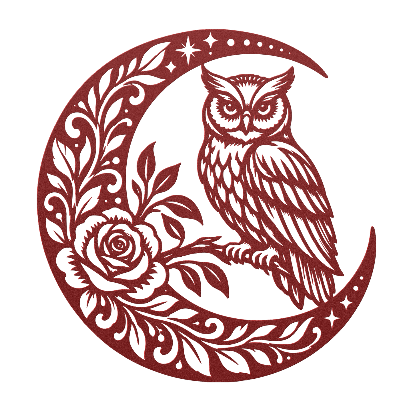 Owl crescent moon metal wall art in red — celestial rose botanical steel wall decor