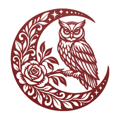 Owl crescent moon metal wall art in red — celestial rose botanical steel wall decor