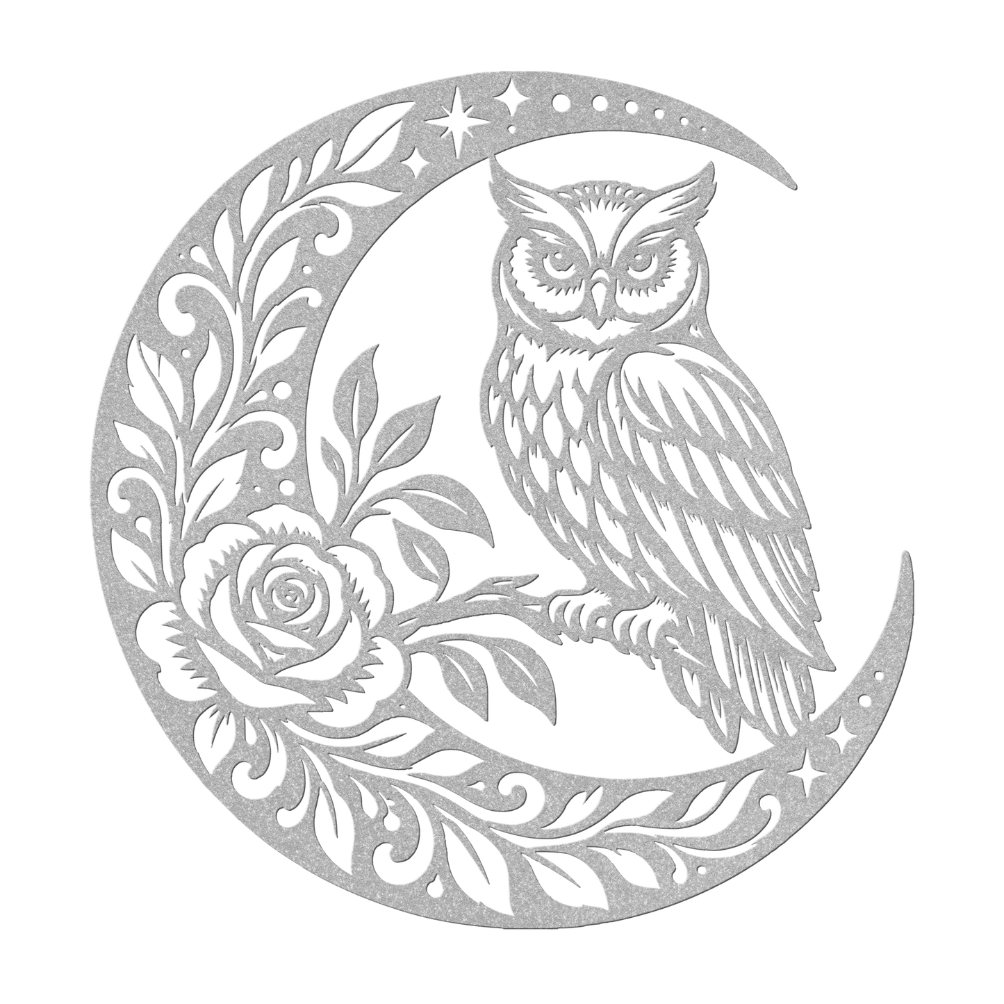 Owl crescent moon metal wall art in silver — celestial rose botanical steel wall decor