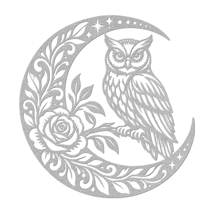 Owl crescent moon metal wall art in silver — celestial rose botanical steel wall decor