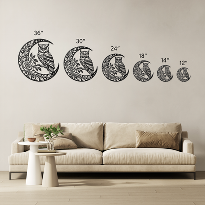 Owl crescent moon metal wall art size comparison — 12 to 36 inch options