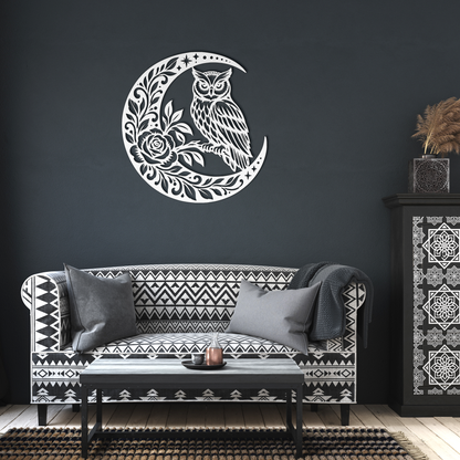 White owl crescent moon metal wall art in a living room — steel wall decor