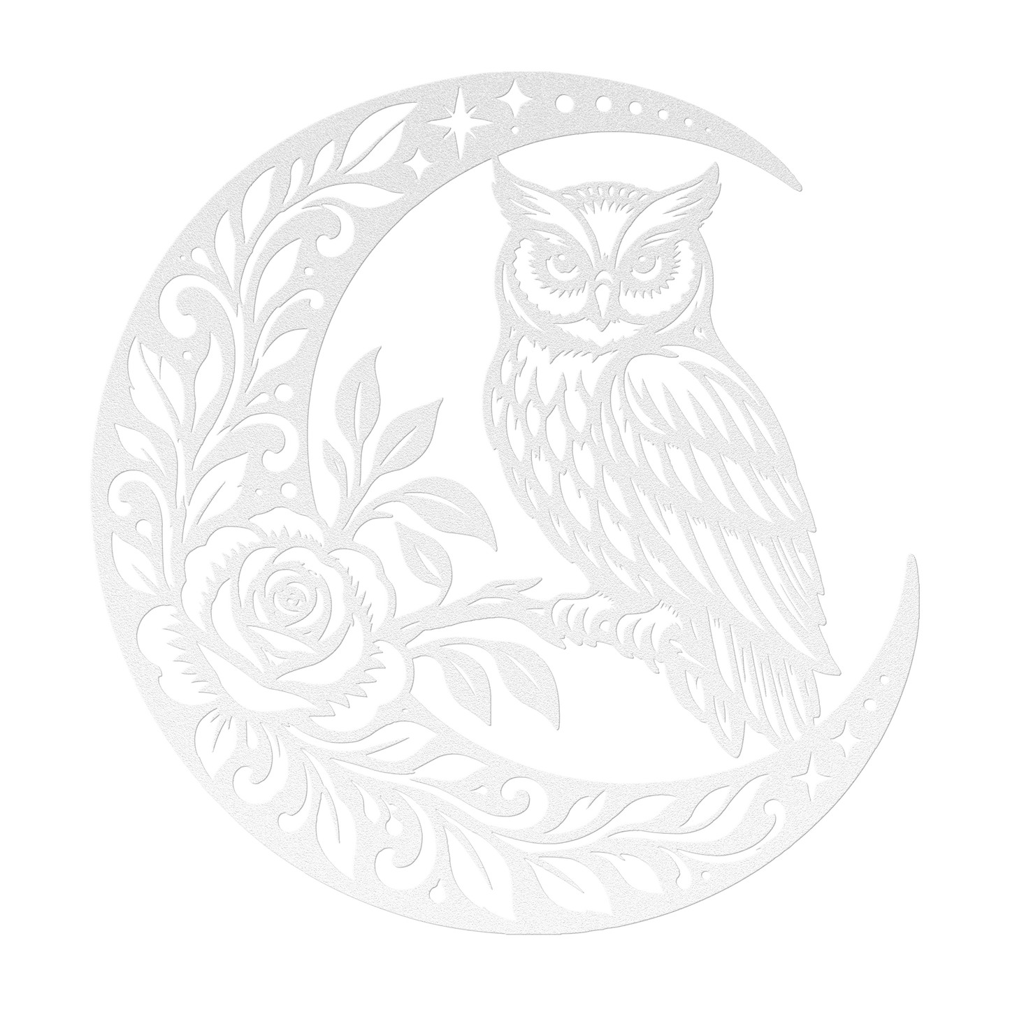 Owl crescent moon metal wall art in white — celestial rose botanical steel wall decor