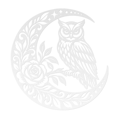 Owl crescent moon metal wall art in white — celestial rose botanical steel wall decor