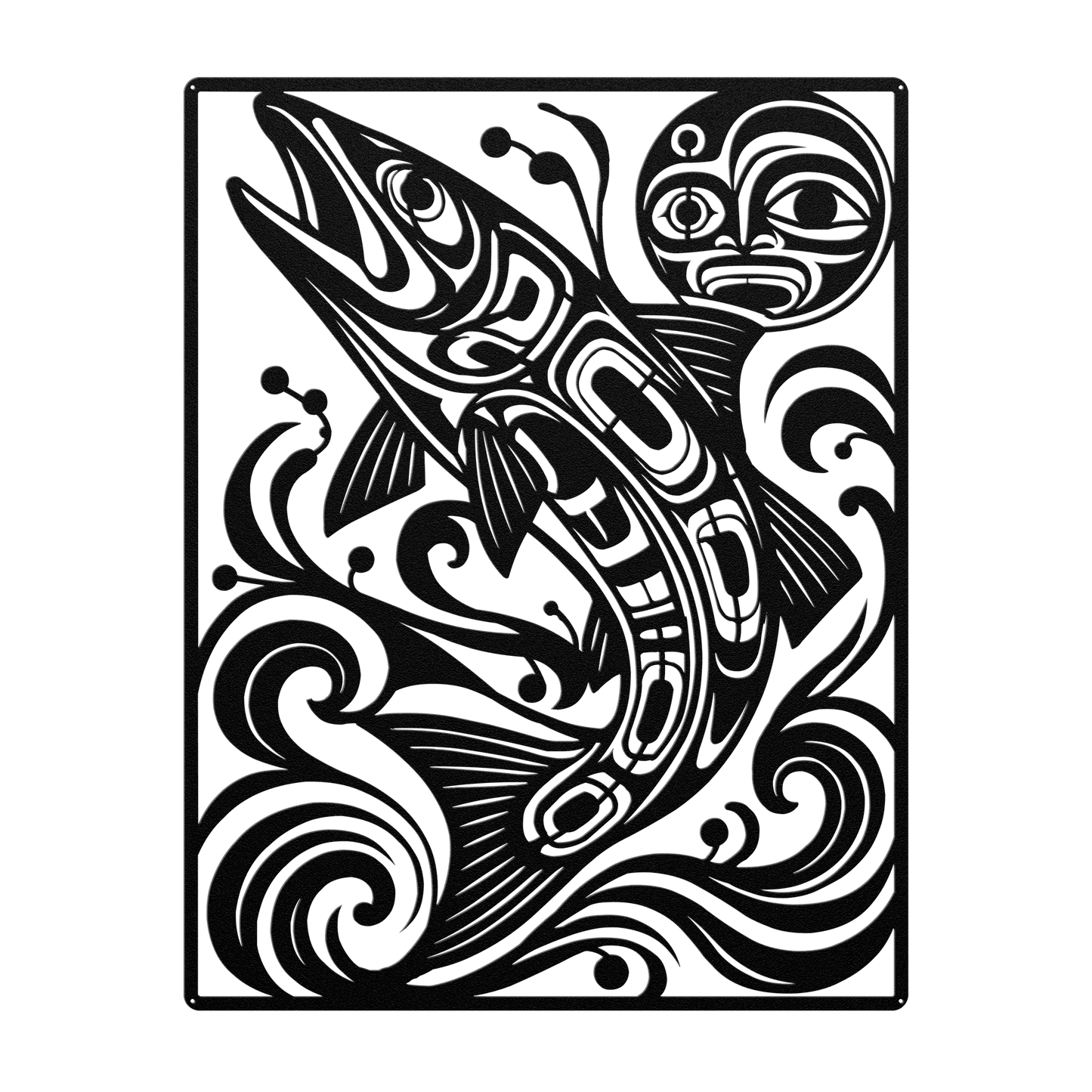 Pacific Northwest formline-style salmon metal wall art in black — plasma-cut steel wall decor