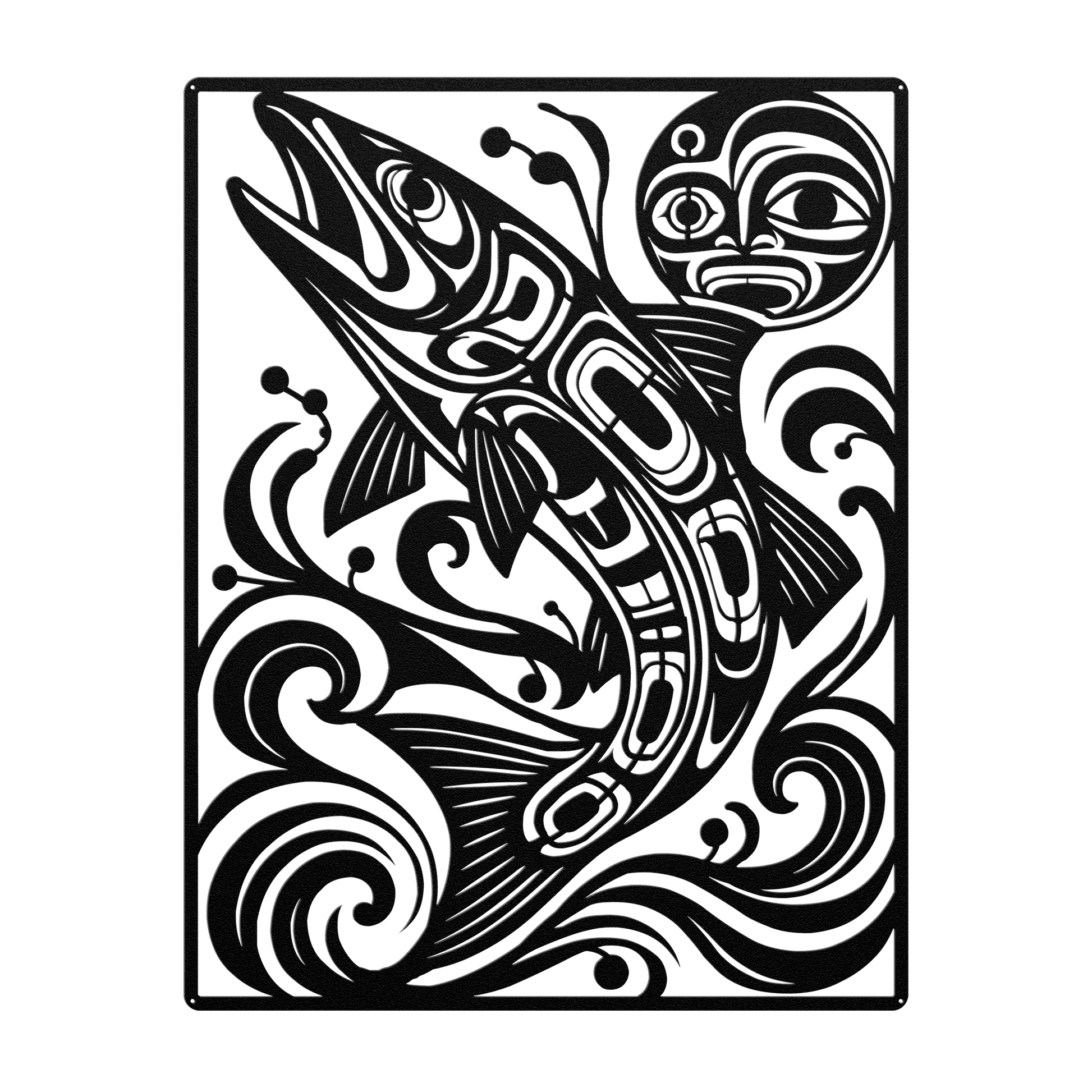 Pacific Northwest formline-style salmon metal wall art in black — plasma-cut steel wall decor