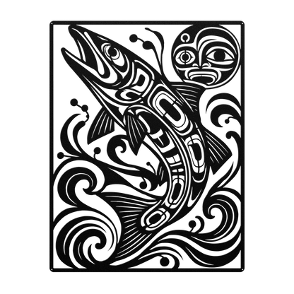 Pacific Northwest formline-style salmon metal wall art in black — plasma-cut steel wall decor