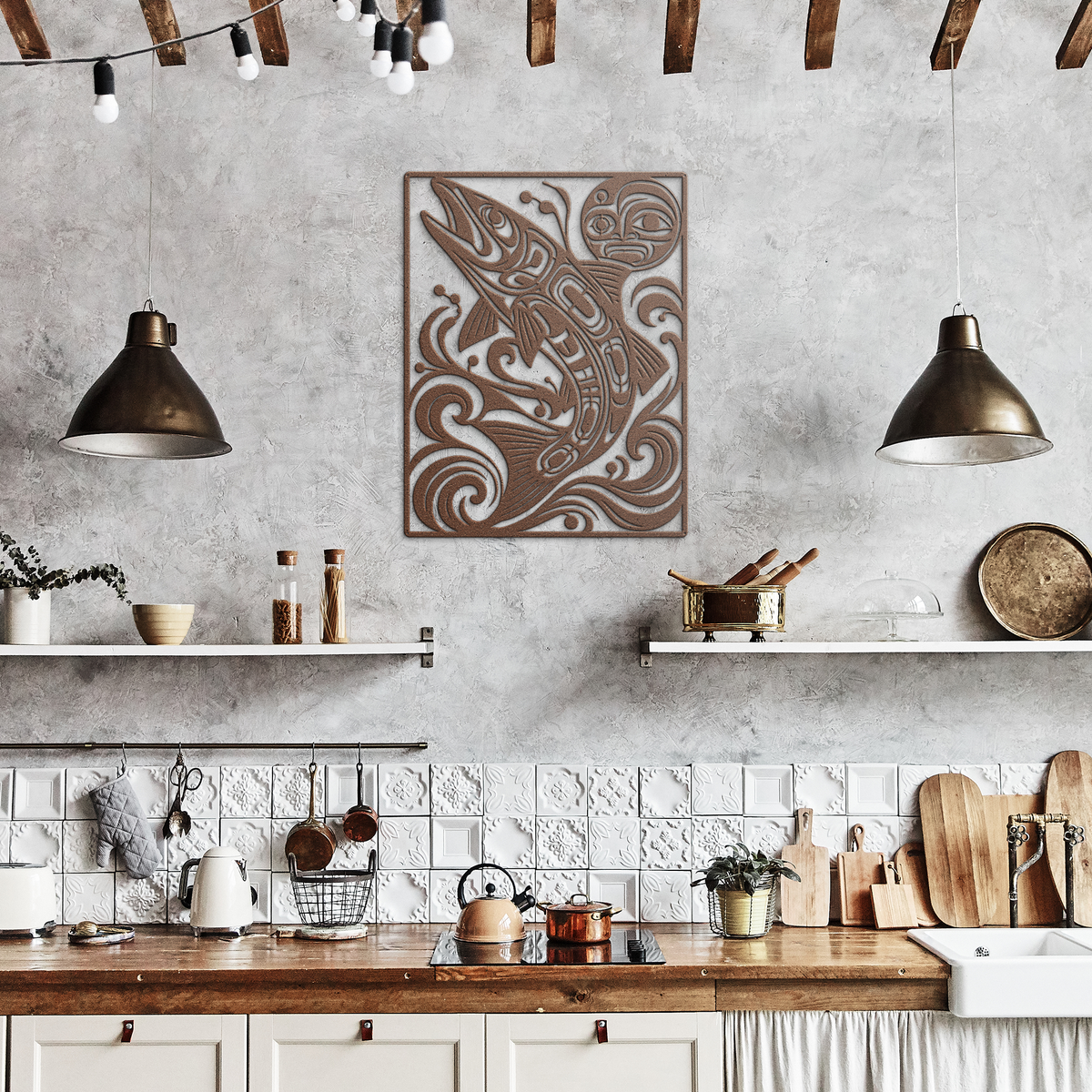 Copper pacific northwest formline-style salmon metal wall art in a rustic kitchen — steel wall decor