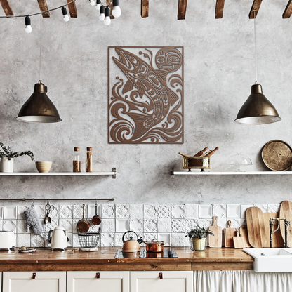 Copper pacific northwest formline-style salmon metal wall art in a rustic kitchen — steel wall decor