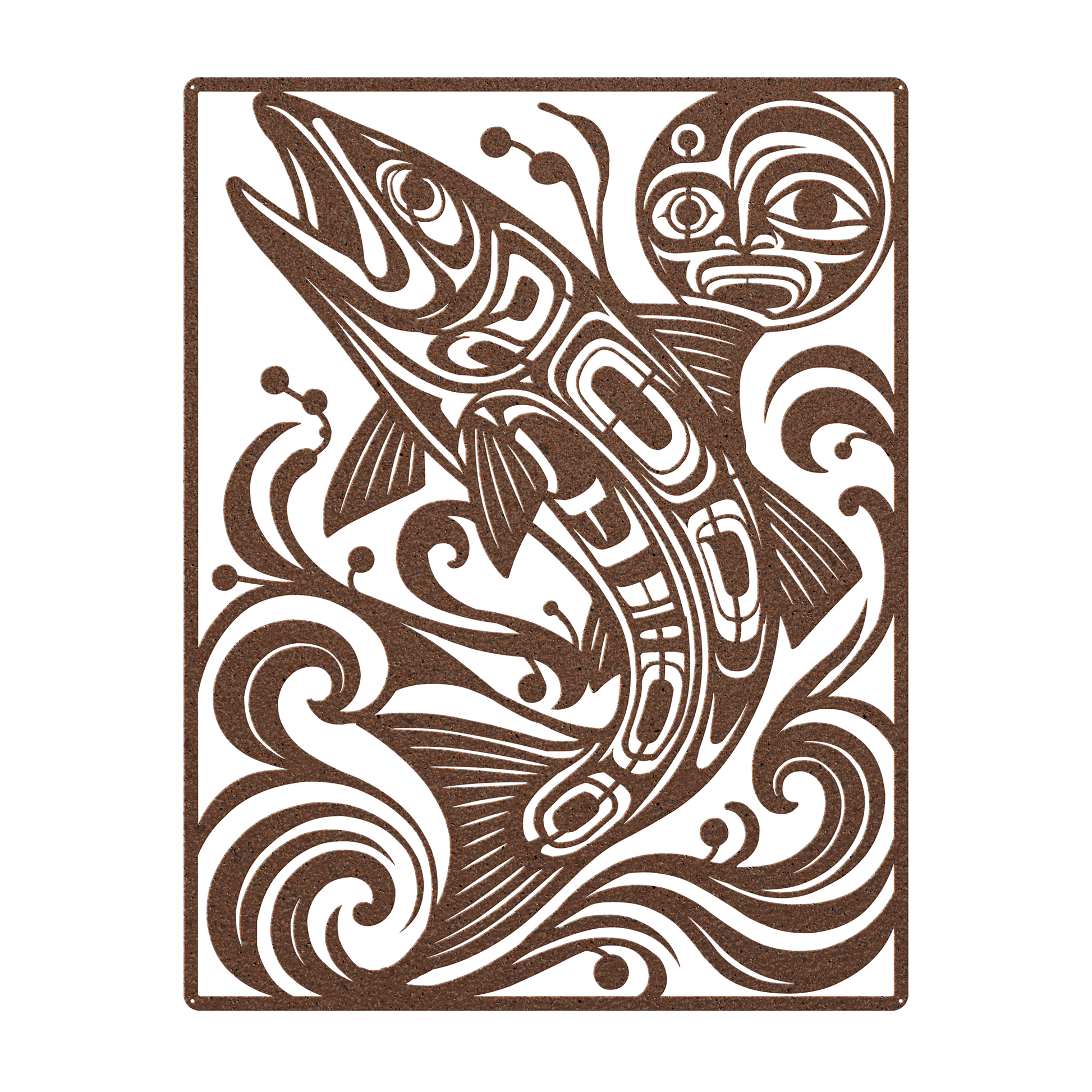 Pacific Northwest formline-style salmon metal wall art in copper — plasma-cut steel wall decor