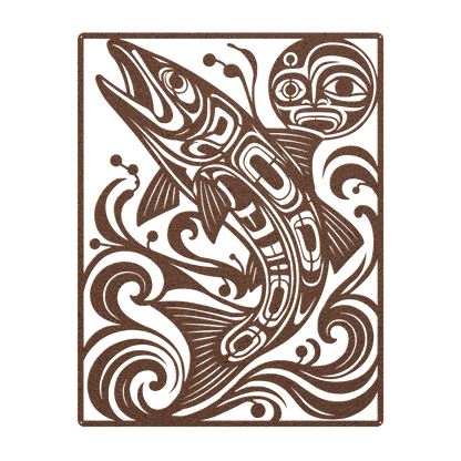 Pacific Northwest formline-style salmon metal wall art in copper — plasma-cut steel wall decor