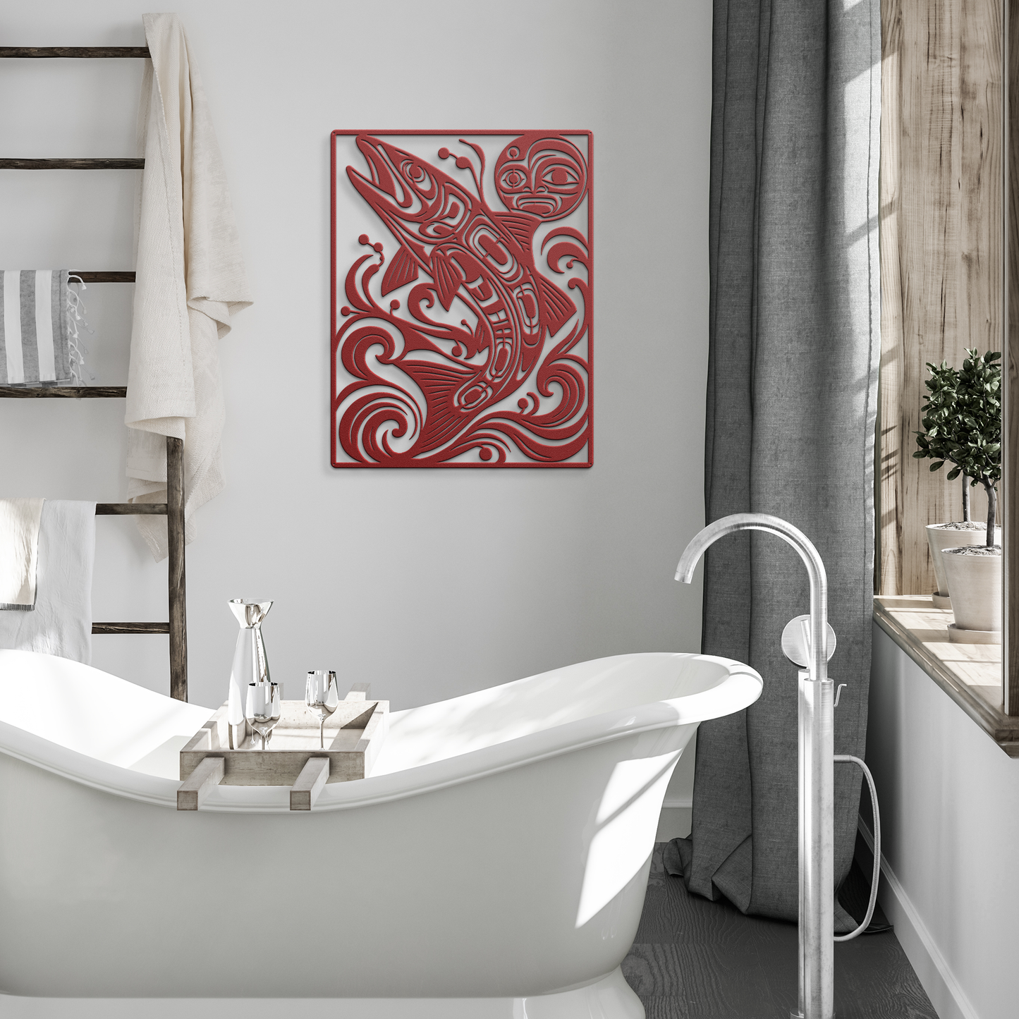 Red pacific northwest formline-style salmon metal wall art in a modern room — steel wall decor