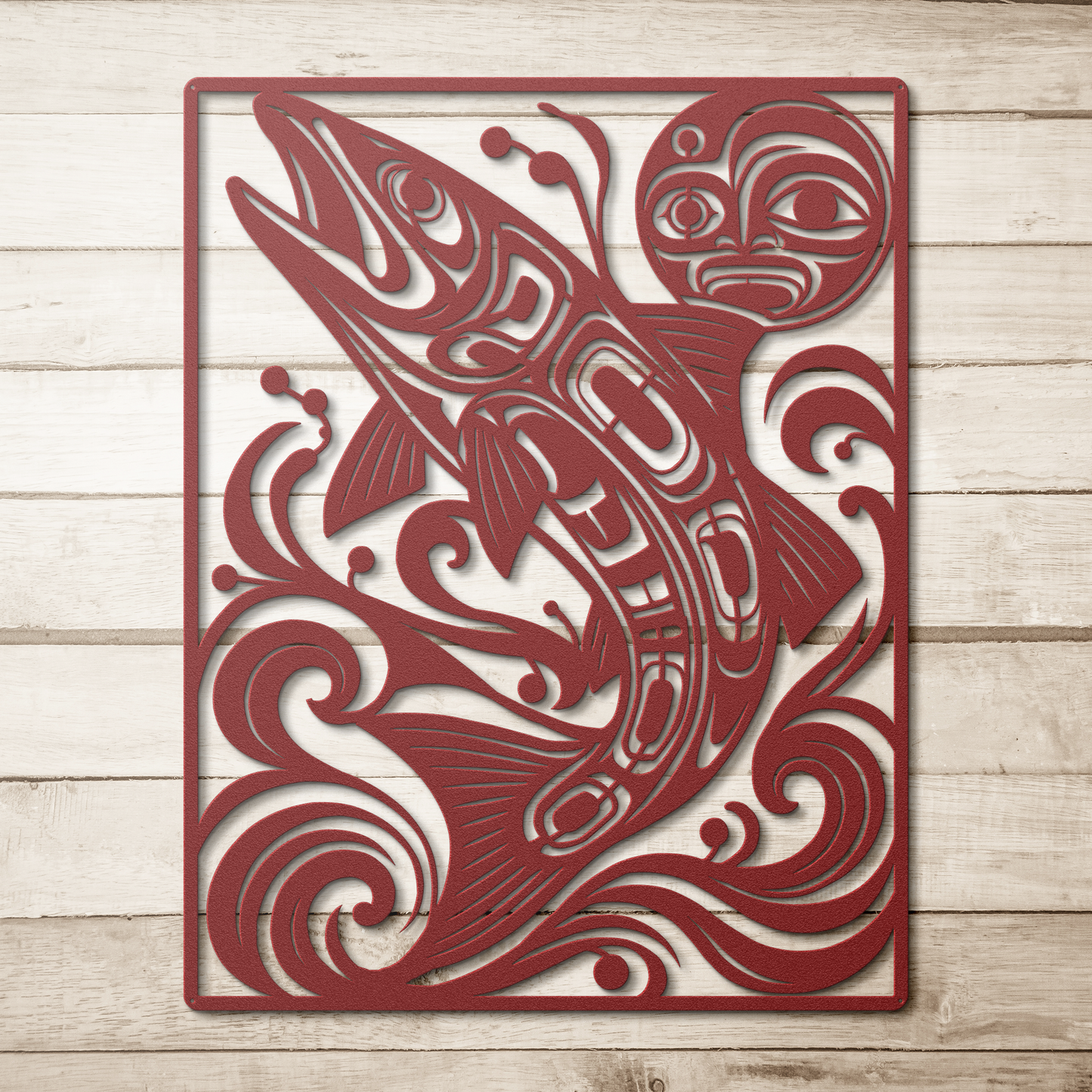 Red pacific northwest formline-style salmon metal wall art on a wood background — steel wall decor