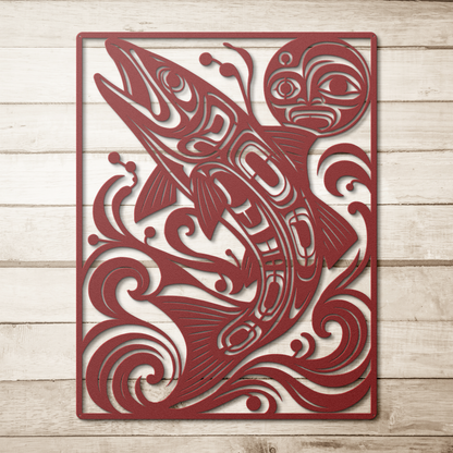 Red pacific northwest formline-style salmon metal wall art on a wood background — steel wall decor