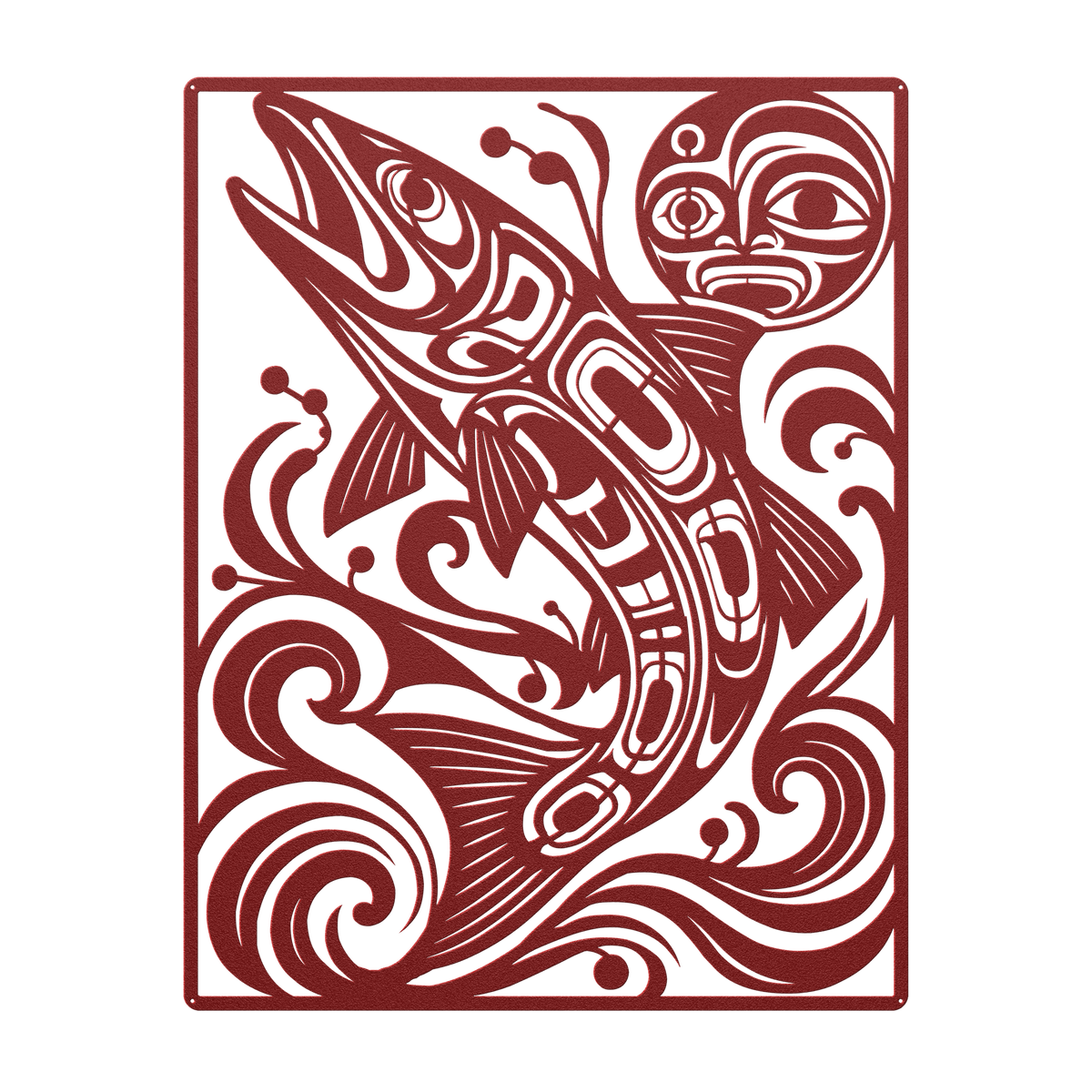 Pacific Northwest formline-style salmon metal wall art in red — plasma-cut steel wall decor