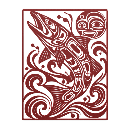 Pacific Northwest formline-style salmon metal wall art in red — plasma-cut steel wall decor