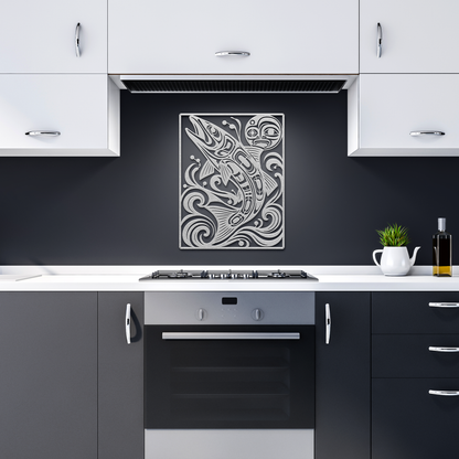Silver pacific northwest formline-style salmon metal wall art in a dark kitchen — steel wall decor