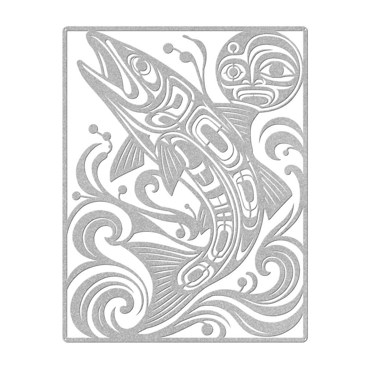 Pacific Northwest formline-style salmon metal wall art in silver — plasma-cut steel wall decor