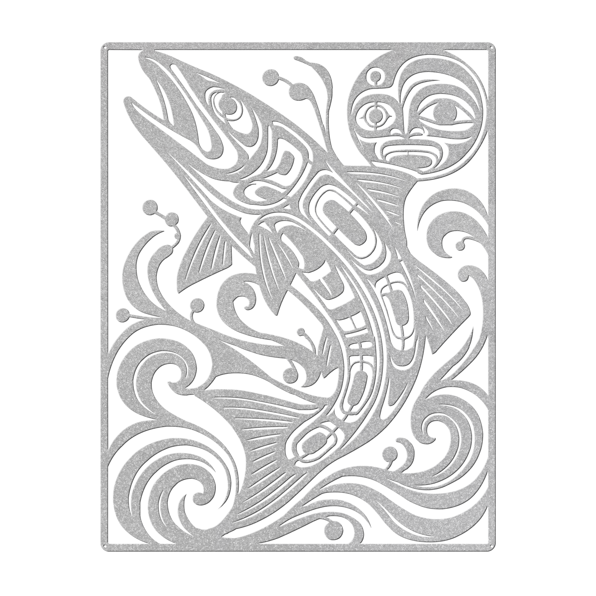 Pacific Northwest formline-style salmon metal wall art in silver — plasma-cut steel wall decor