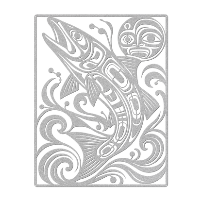Pacific Northwest formline-style salmon metal wall art in silver — plasma-cut steel wall decor