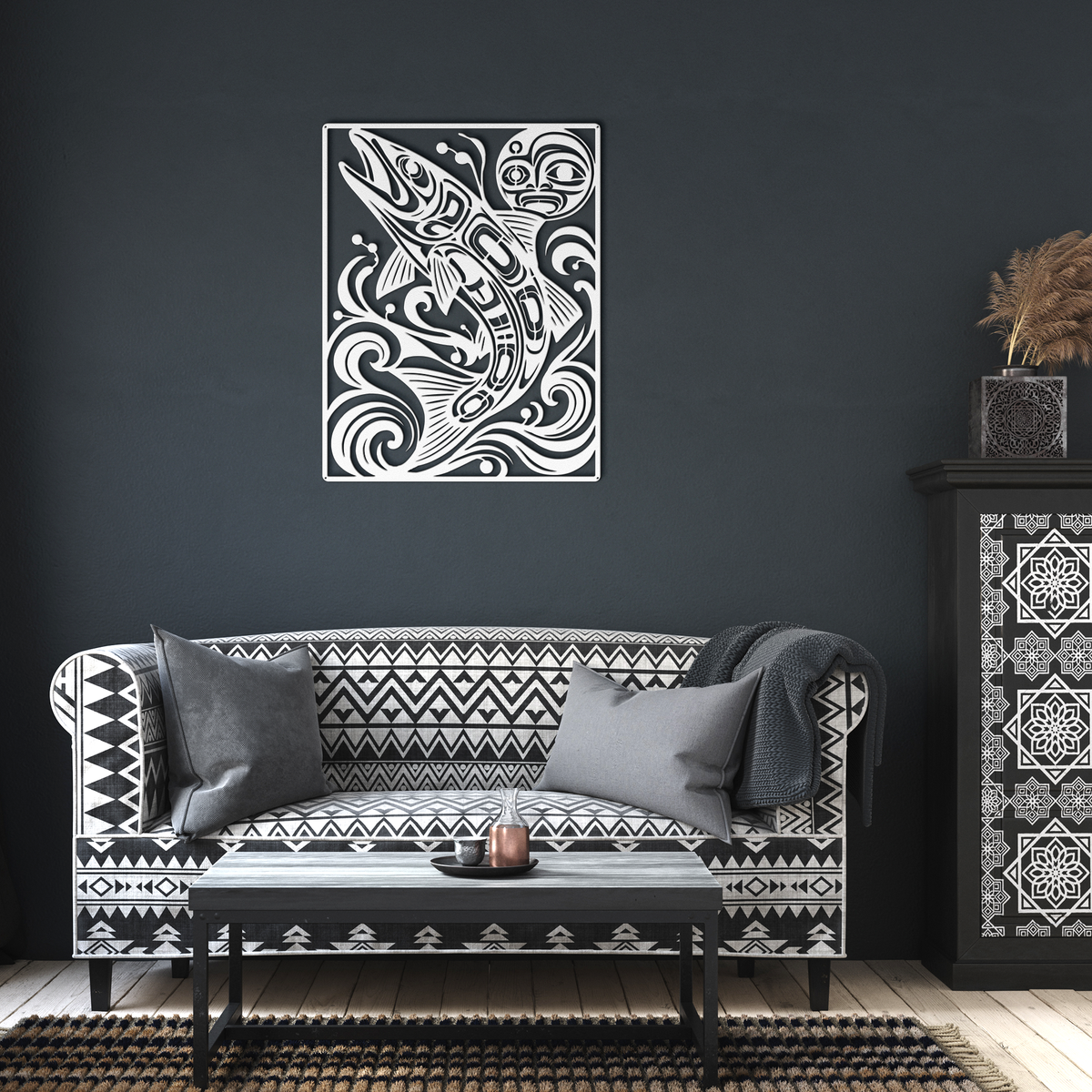 White pacific northwest formline-style salmon metal wall art in a living room — steel wall decor