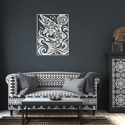 White pacific northwest formline-style salmon metal wall art in a living room — steel wall decor