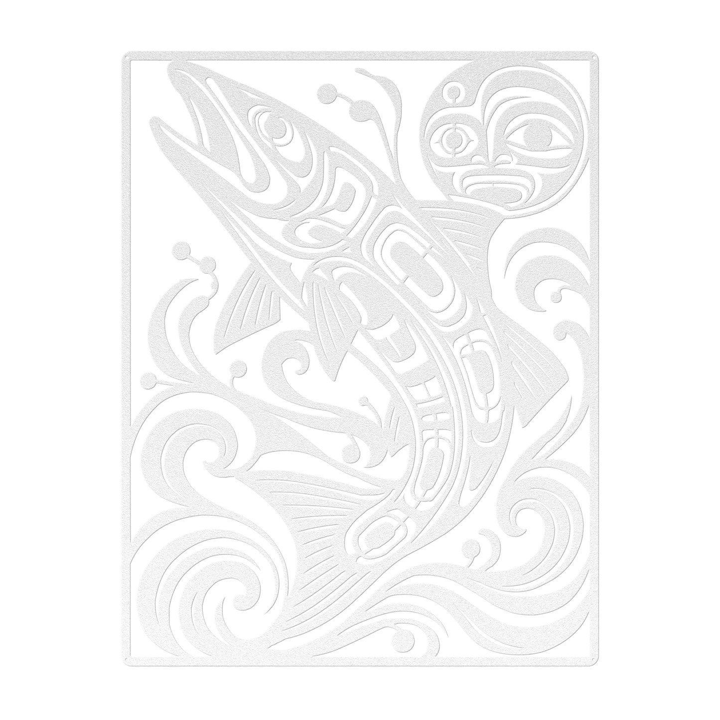 Pacific Northwest formline-style salmon metal wall art in white — plasma-cut steel wall decor