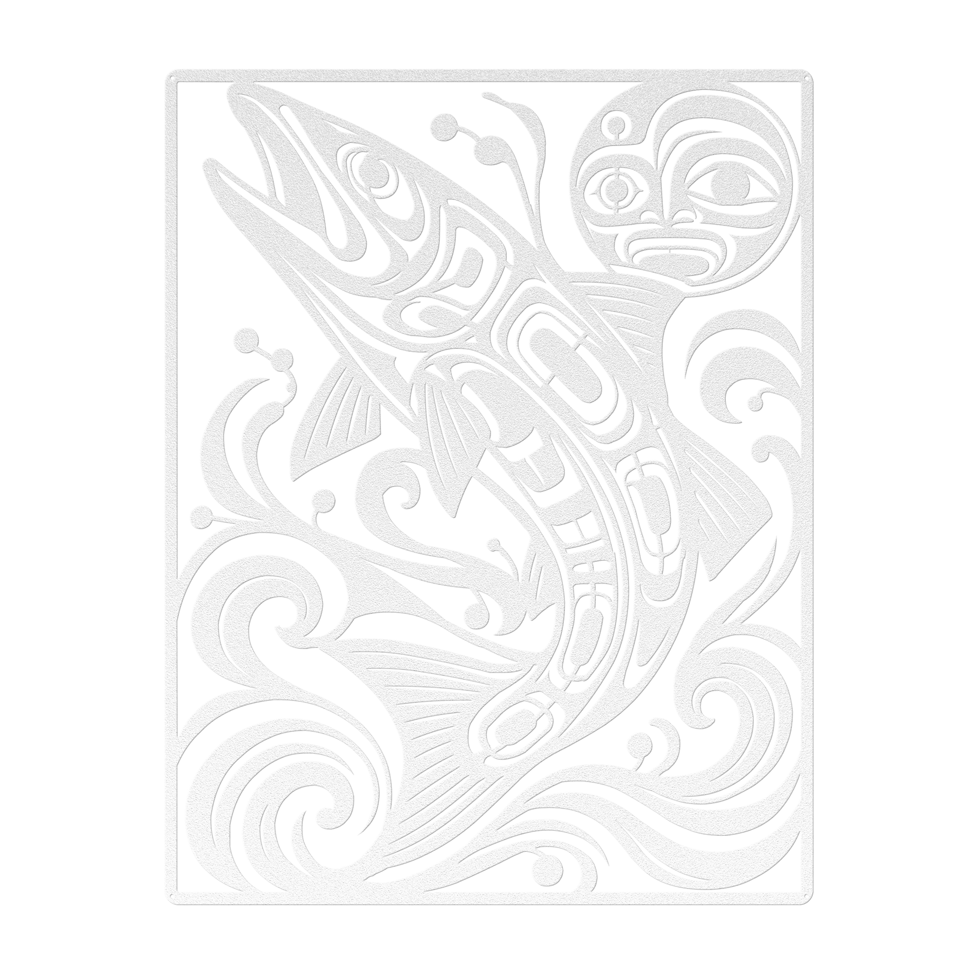 Pacific Northwest formline-style salmon metal wall art in white — plasma-cut steel wall decor
