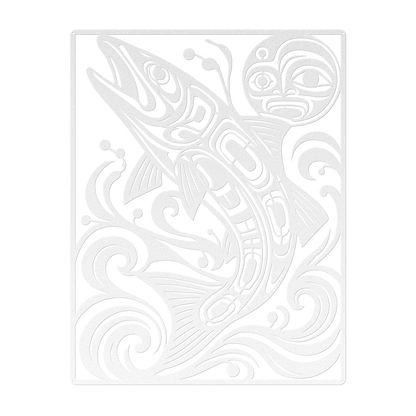 Pacific Northwest formline-style salmon metal wall art in white — plasma-cut steel wall decor