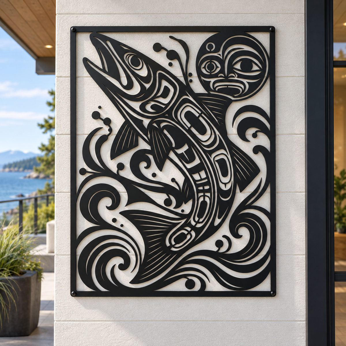 Pacific Northwest formline-style salmon metal wall art in black — leaping salmon steel panel