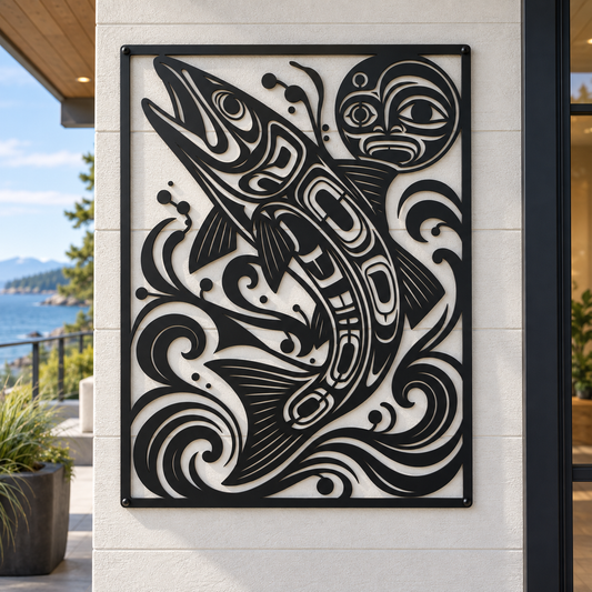 Pacific Northwest formline-style salmon metal wall art in black — leaping salmon steel panel