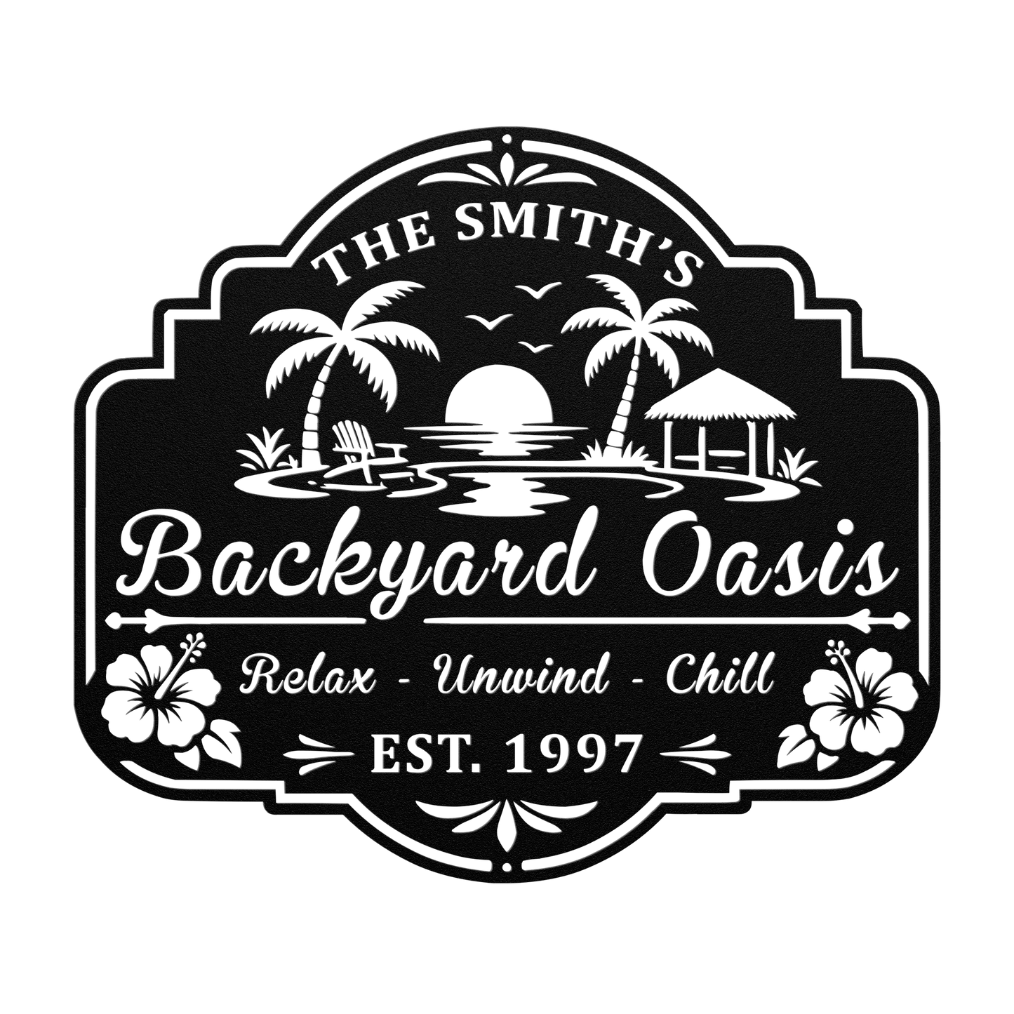 Personalized backyard oasis sign on a covered patio wall — custom tropical outdoor metal decor with hibiscus and palms

