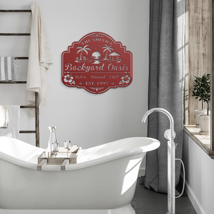 Personalized backyard oasis metal sign in white finish — housewarming or Mother's Day gift for outdoor living spaces
