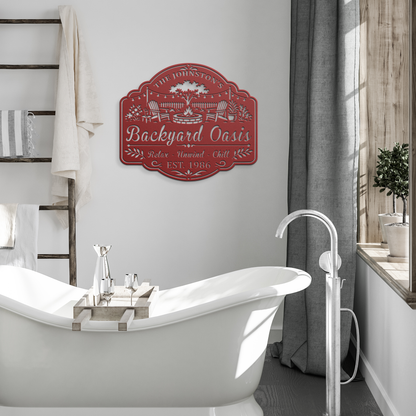 Personalized backyard oasis sign in white finish — housewarming or Mother's Day gift for homeowners with outdoor living spaces
