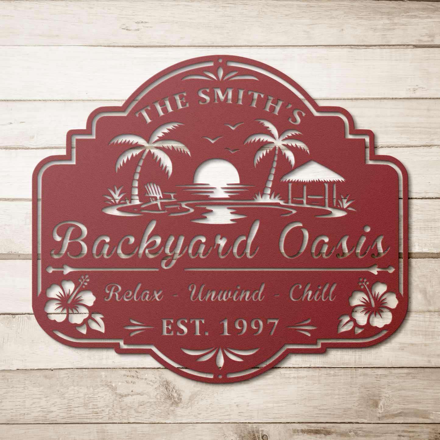 Custom backyard oasis metal sign on a wood fence beside a pool — personalized outdoor patio wall art made in USA
