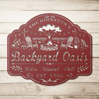 Custom family backyard oasis metal sign mounted on a wood fence near a fire pit — personalized rustic outdoor wall art
