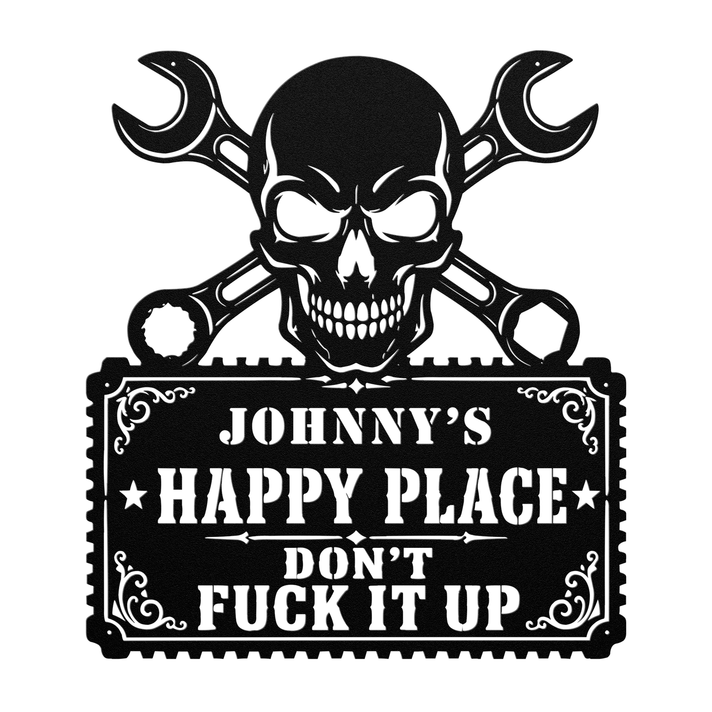 Personalized workshop metal sign with skull wrenches in a man cave — funny garage decor gift for mechanics and DIYers