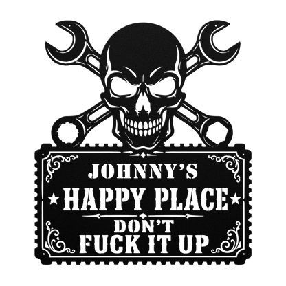 Personalized workshop metal sign with skull wrenches in a man cave — funny garage decor gift for mechanics and DIYers
