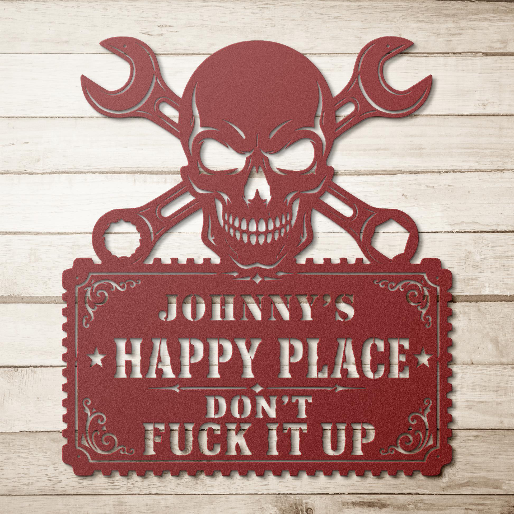 Custom name happy place metal sign mounted on a garage workshop wall — personalized mechanic wall art made in USA