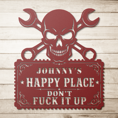 Custom name happy place metal sign mounted on a garage workshop wall — personalized mechanic wall art made in USA