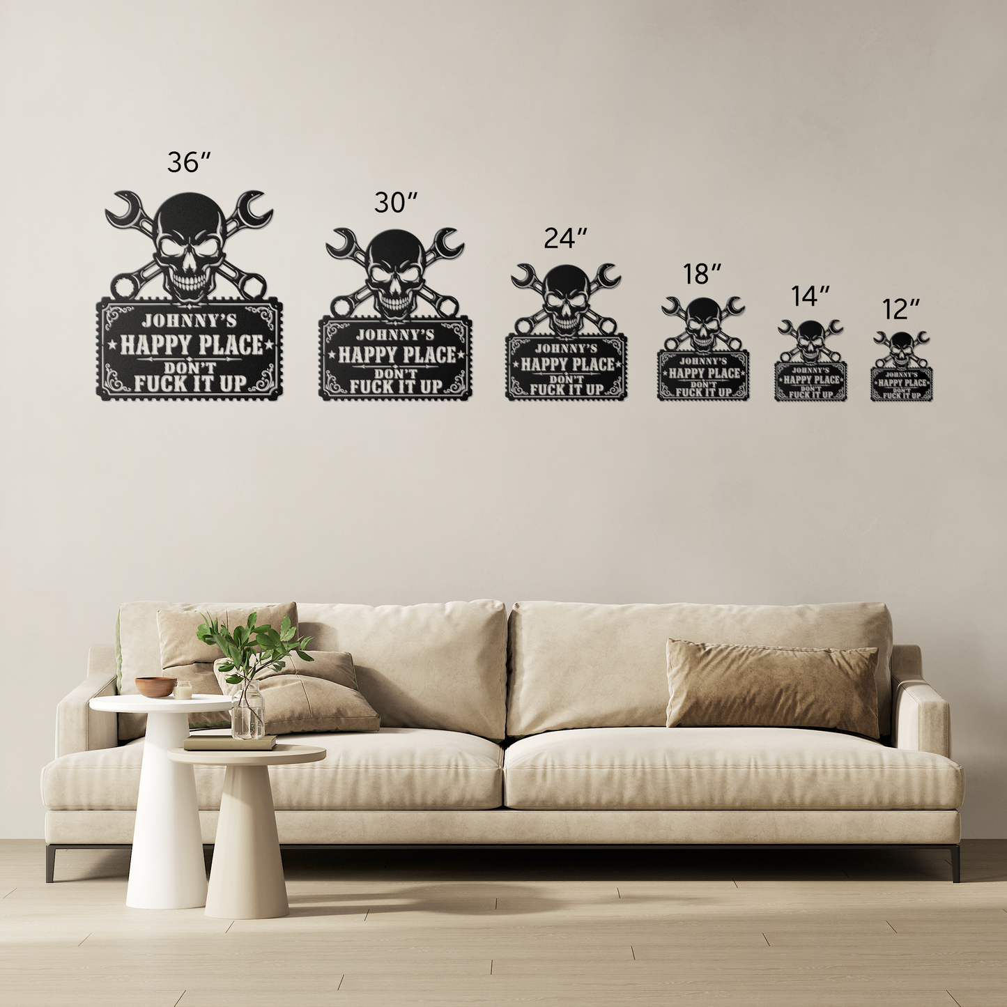 Personalized happy place workshop metal sign size comparison — 12-inch and 24-inch versions on a wood background
