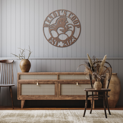 Personalized_Hen_House_Metal_Sign__Cu_Copper_Rustic_Hallway_Mockup.png