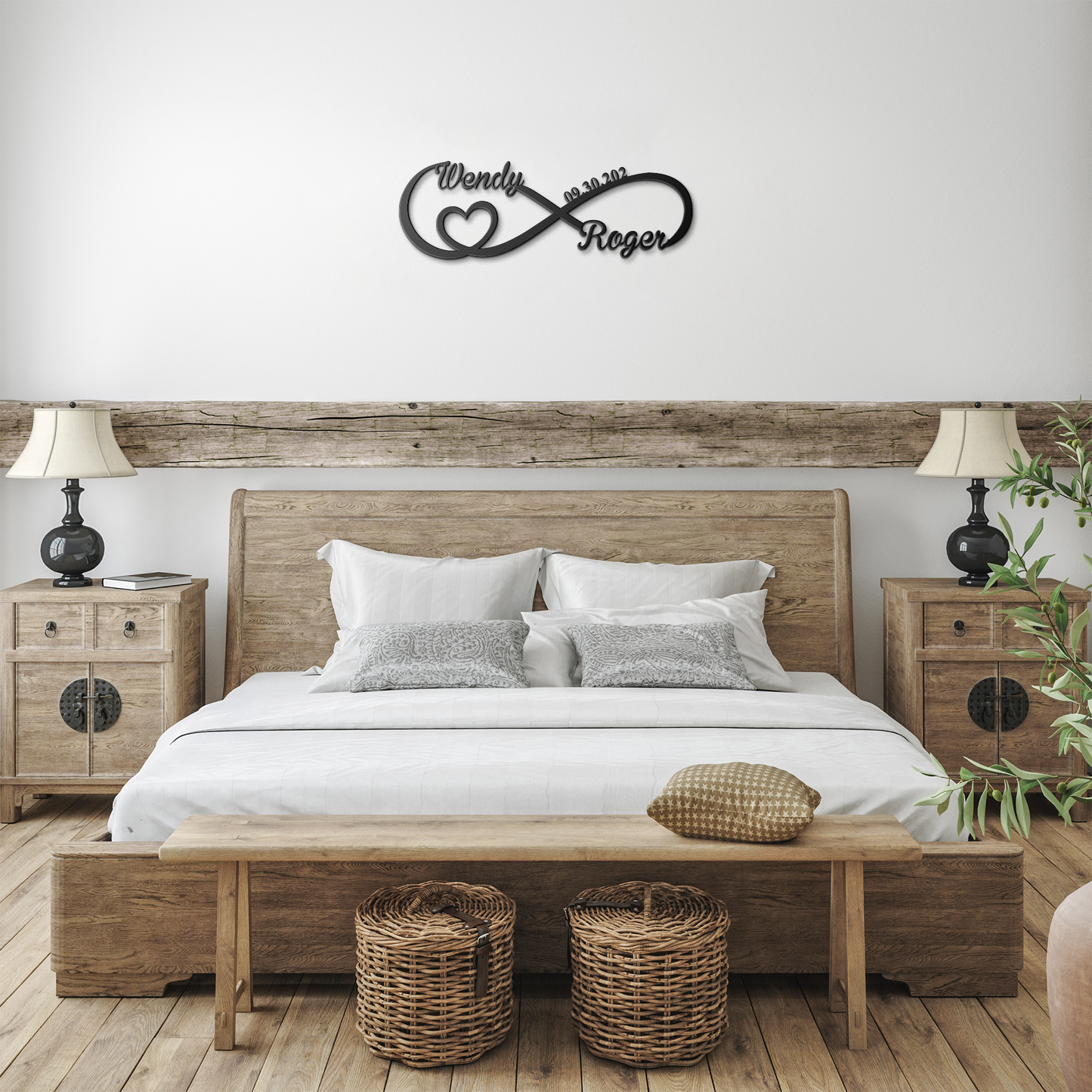 Black personalized infinity love metal sign in farmhouse bedroom — personalized keepsake wall art