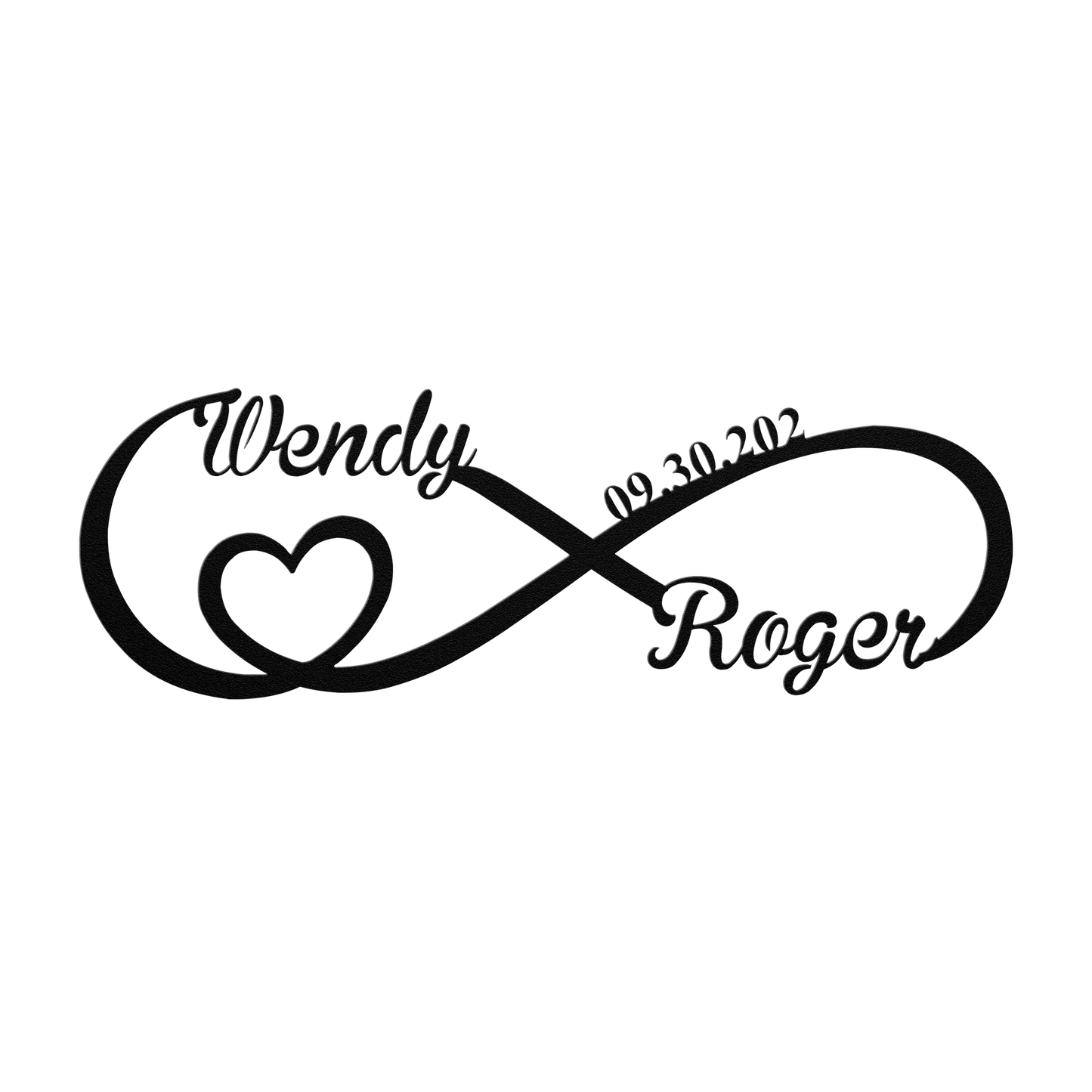 Personalized infinity love metal sign in black — custom couples names and wedding date wall art