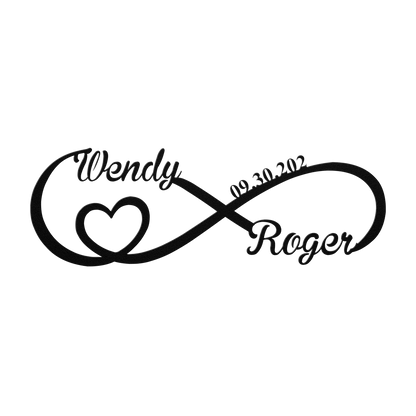 Personalized infinity love metal sign in black — custom couples names and wedding date wall art