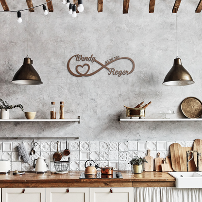 Copper personalized infinity love metal sign in rustic kitchen — personalized keepsake decor