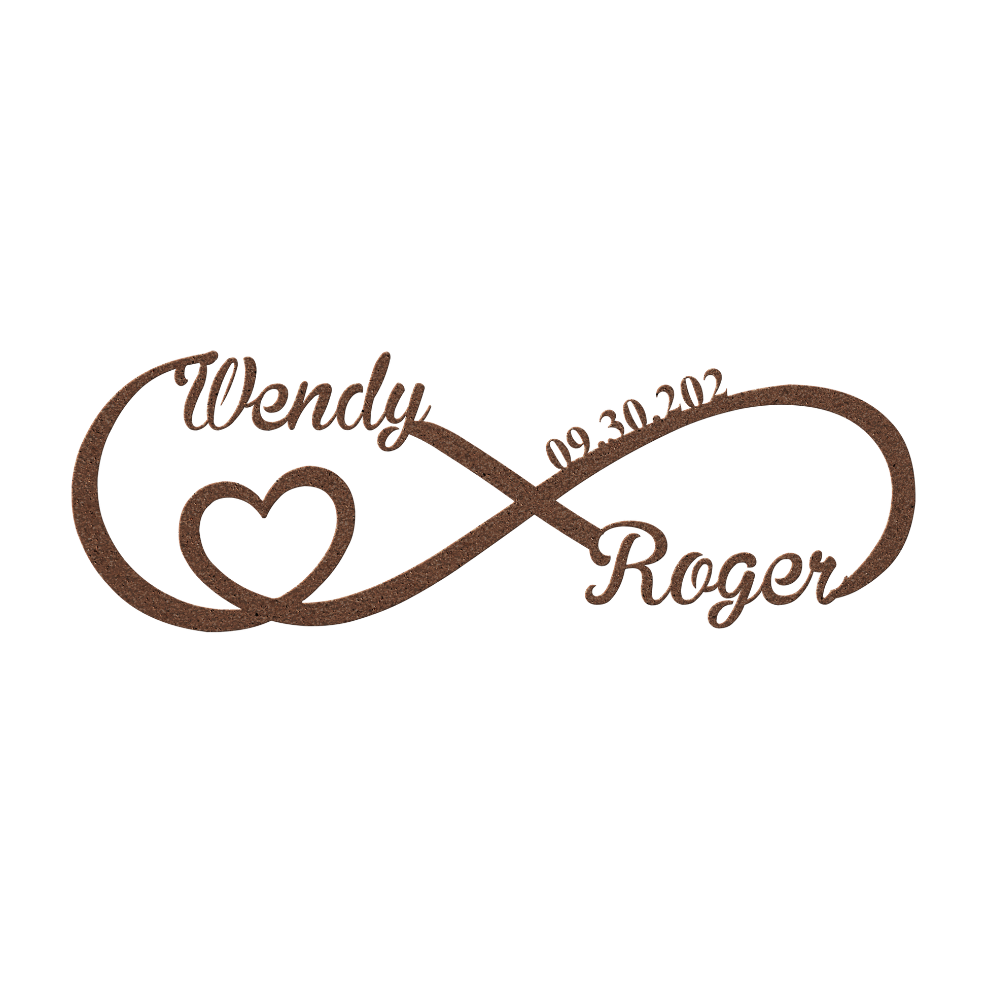 Personalized infinity love metal sign in copper — custom couples names and wedding date wall art